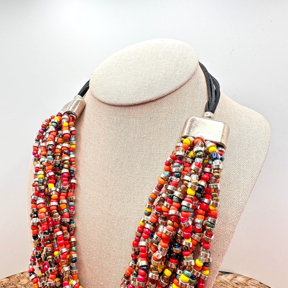 Vintage Artisan 14-Strand Boho Necklace Multicolor Glass Bead Layered Tribal Bib - Picture 3 of 6
